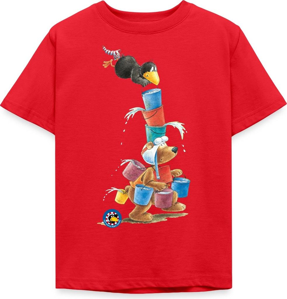 Spreadshirt Der kleine Rabe Socke mit Eddi Wassereimer Kinder T-Shirt, 122/128 (7-8 Jahre), Rot