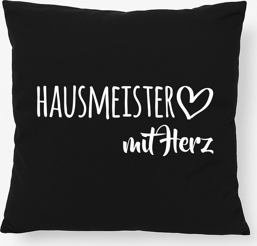 Huuraa Kissen Hausmeister mit Herz 40x40cm mit Füllung Black Baumwolle Dekokissen Geschenkidee