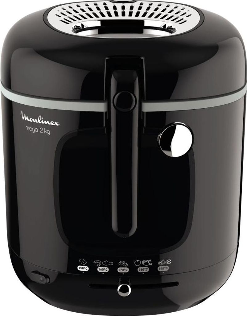 A black Moulinex Mega 2kg deep fryer is shown from the front.