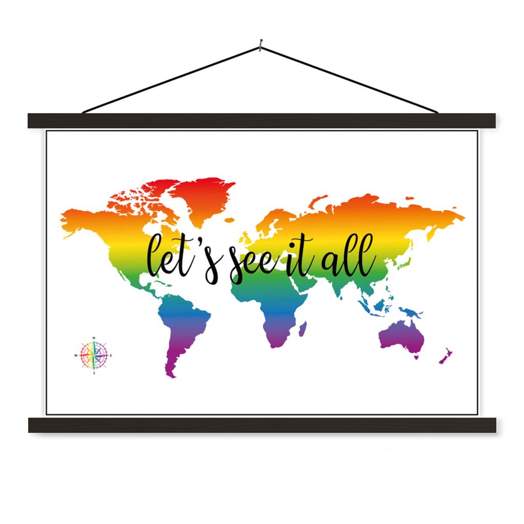 MuchoWow Textilposter Weltkarte - Regenbogen - Kompass 60x40 cm mit schwarzem Rahmen - Hölzernes