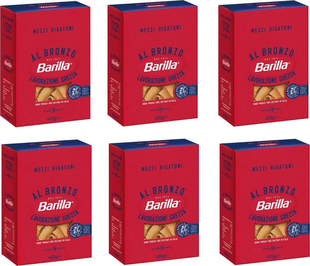 6x Barilla Mezzi Rigatoni al Bronzo Bronze Gezogene Pasta 400g Rohe Verarbeitungsmethode
