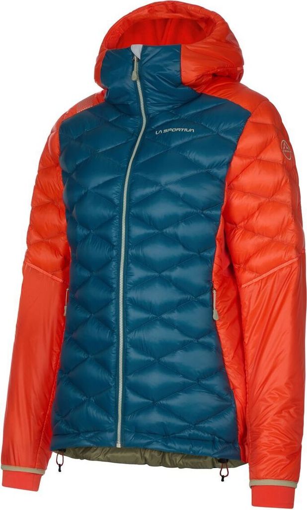Damen-Isolationsjacke "Aiguille Down Jkt W" von La Sportiva in Blau und Orange; mit Kapuze und Reißverschluss.