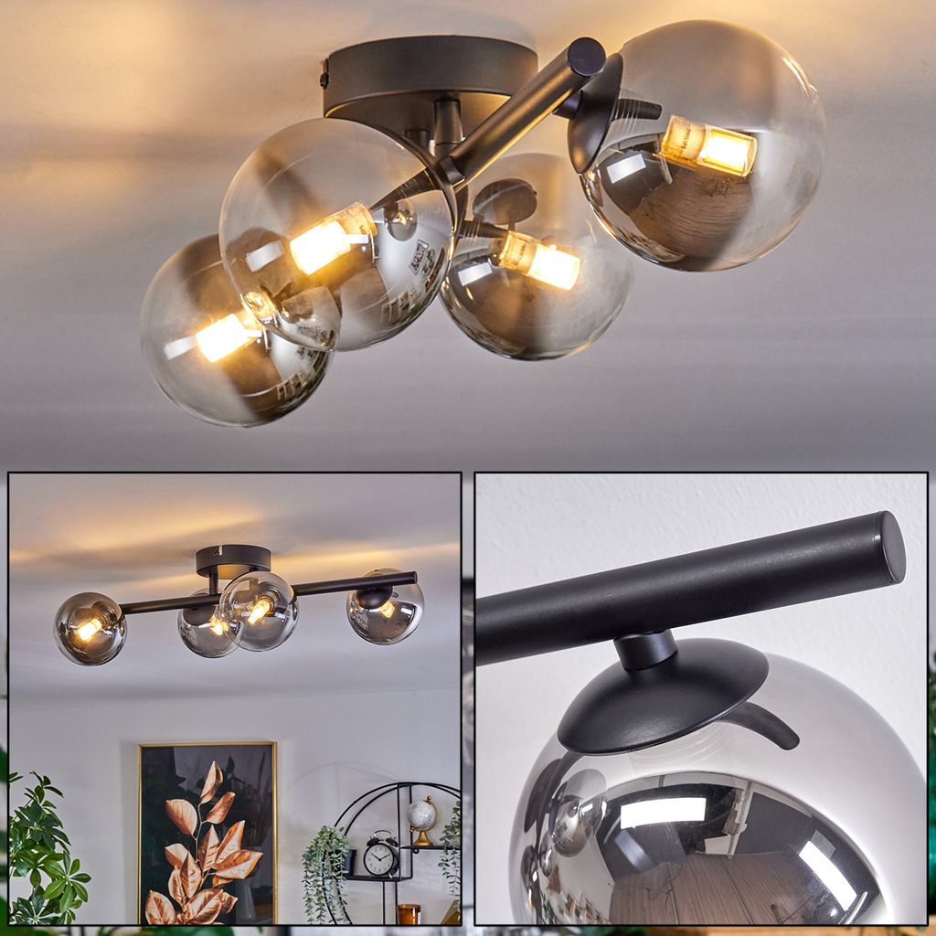Isorella Deckenlampe aus Metall/Glas in Schwarz/Rauchfarben/Klar