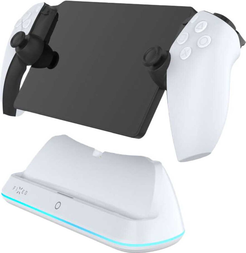 A white charging dock and a black device with white controllers attached are shown against a white background.