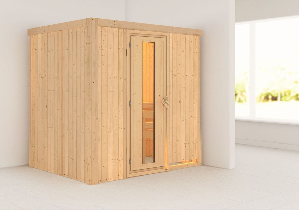 Karibu Sauna Innensauna Fanja Fronteinstieg ohne Zubehör 196x151x198 cm ohne Dachkranz mit Energiespartür