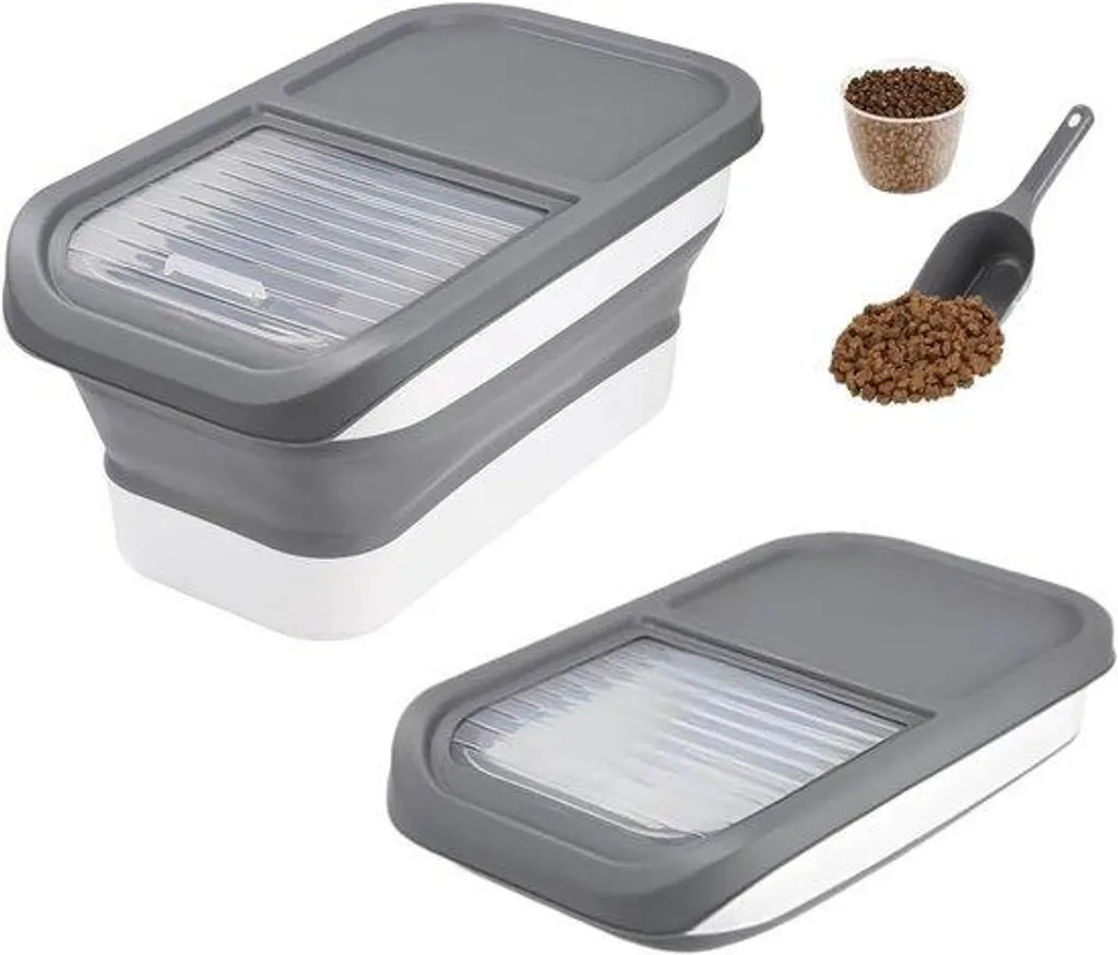 Gamelle croquettes 10 kg pliable grise avec couvercle hermétique renforcé