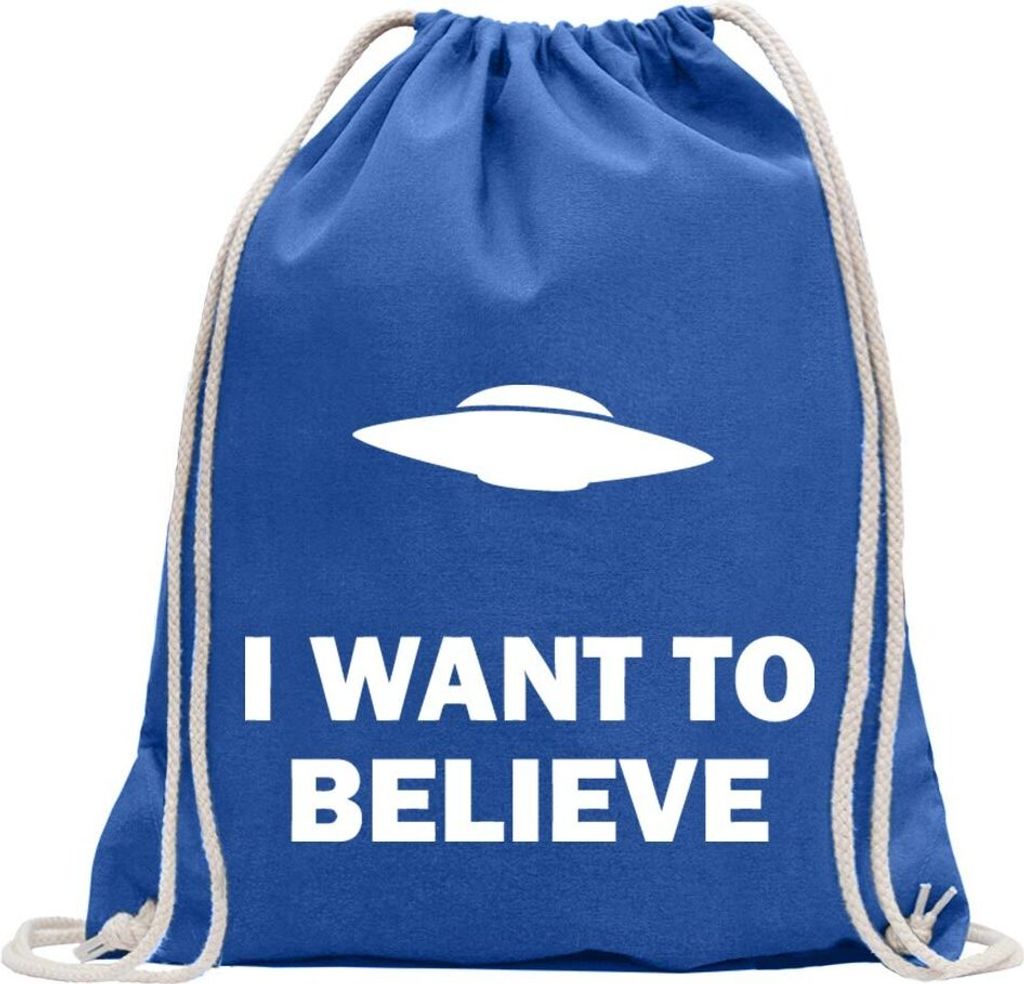 Kiwistar - Turnbeutel - royal - I want to believe UFO - Fun Rucksack Sport Beutel Gymsack Baumwolle mit Ziehgurt