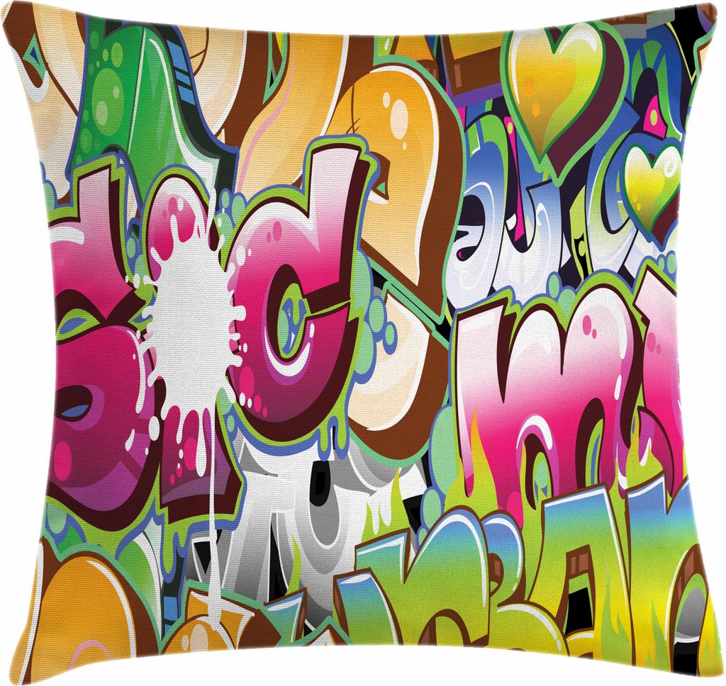 ABAKUHAUS urban Graffiti Kissenbezug, Throwie Style Wall Graffiti von Bubble Letters teilweise überlappende Worte, 40 x 40 cm, Mehrfarbig