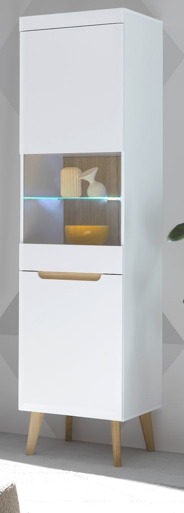 Vitrine "Isgard" in weiß matt und Scandi Eiche Vitrinenschrank 197 cm