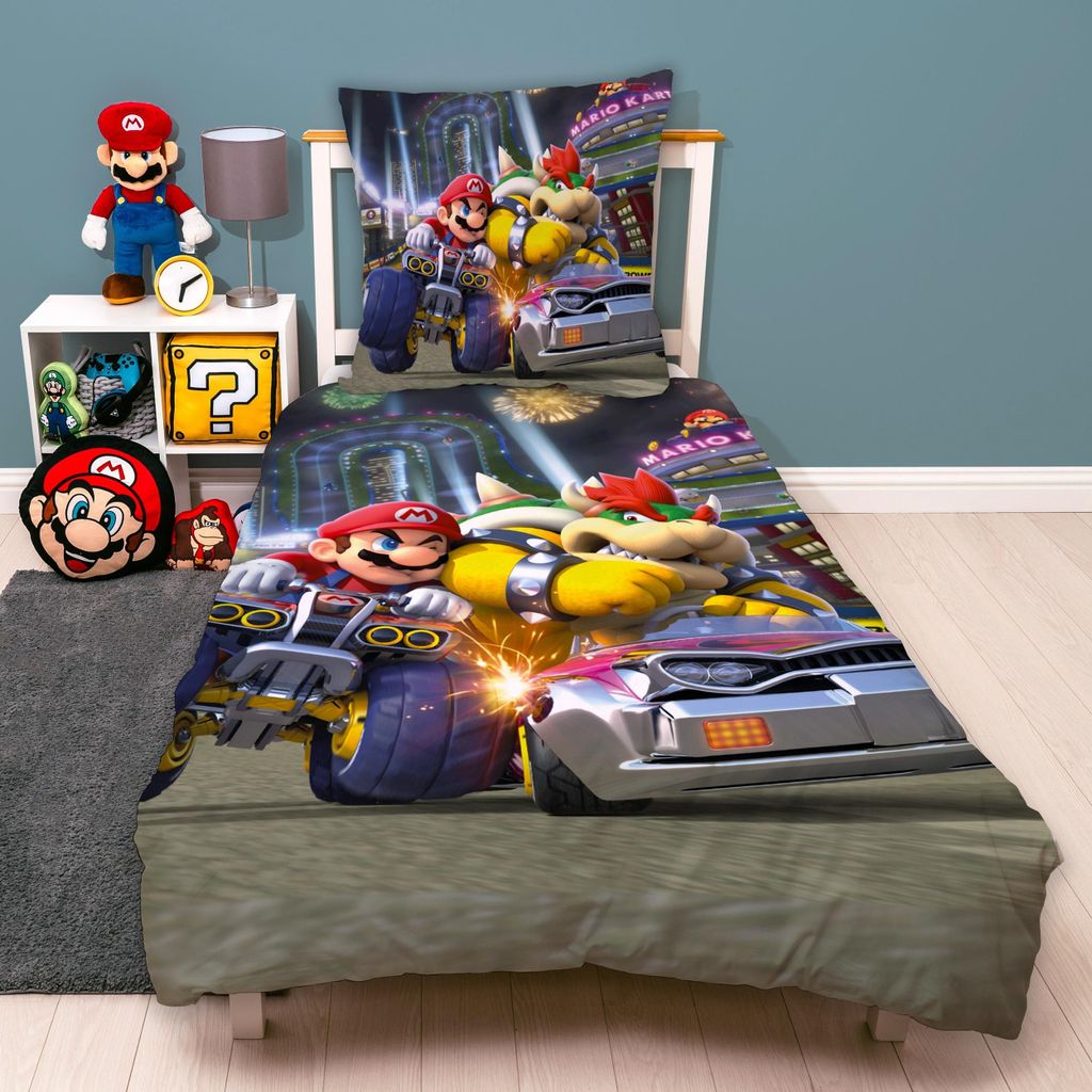 Super Mario Bettwäsche Set 2-teilig Motiv Bump - Decken- und Kissenbezug 135x200 80x80 cm - Kinderbettwäsche aus 100% Baumwolle mit Reißverschluss