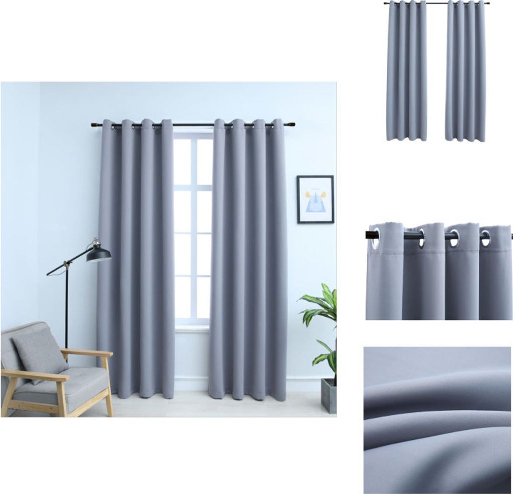A collage of images showing gray blackout curtains in different contexts and close-ups.