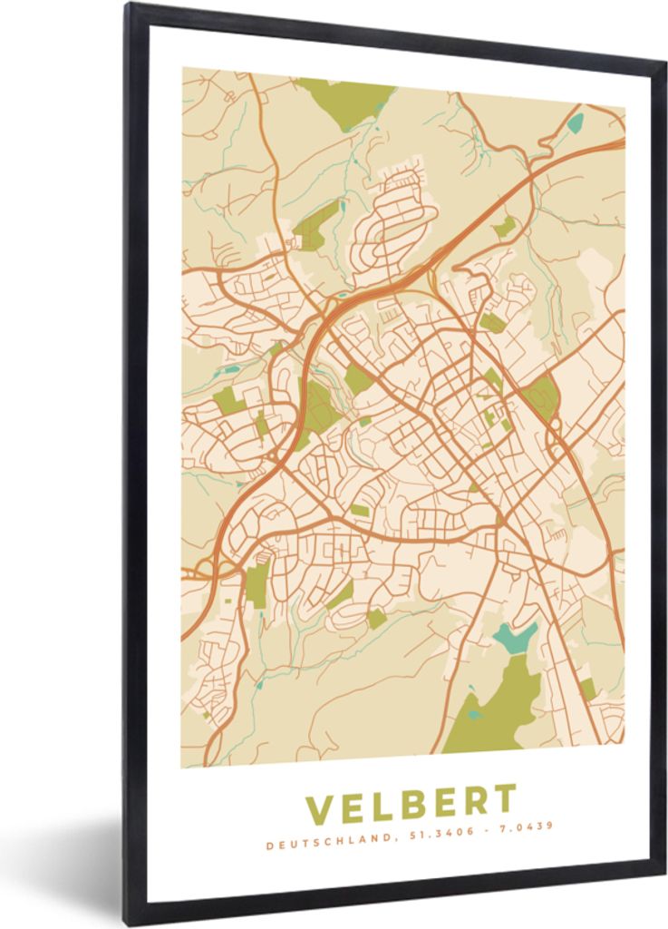 MuchoWow Gerahmtes Poster Velbert - Karte - Stadtplan - Vintage 60x90 cm - Poster mit Schwarzem Bilderrahmen Wandposter Rahmen Foto Bilder - Kunst