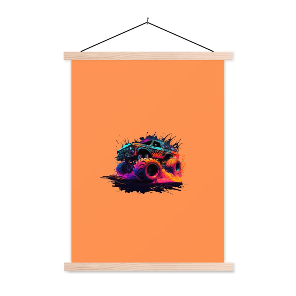 MuchoWow Textilposter Monstertruck - Design - Neon - Auto 40x53 cm mit holzfarbenen Rahmen - Schlafzimmer