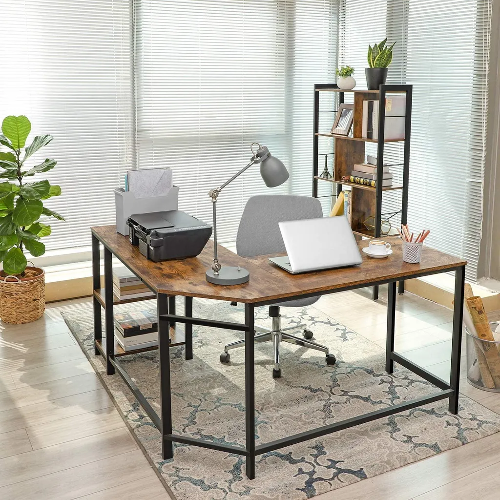 Bureau d'angle Fabrice 138cm marron rustique et noir avec 2 tablettes - 3