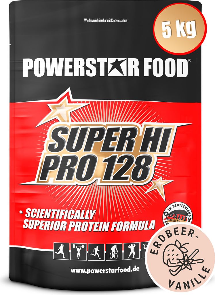 Powerstar SUPER HI PRO 128 | Mehrkomponenten Protein-Pulver 5kg | Höchste Biologische Wertigkeit | Protein-Shake Muskelaufbau | Strawberry-Vanilla