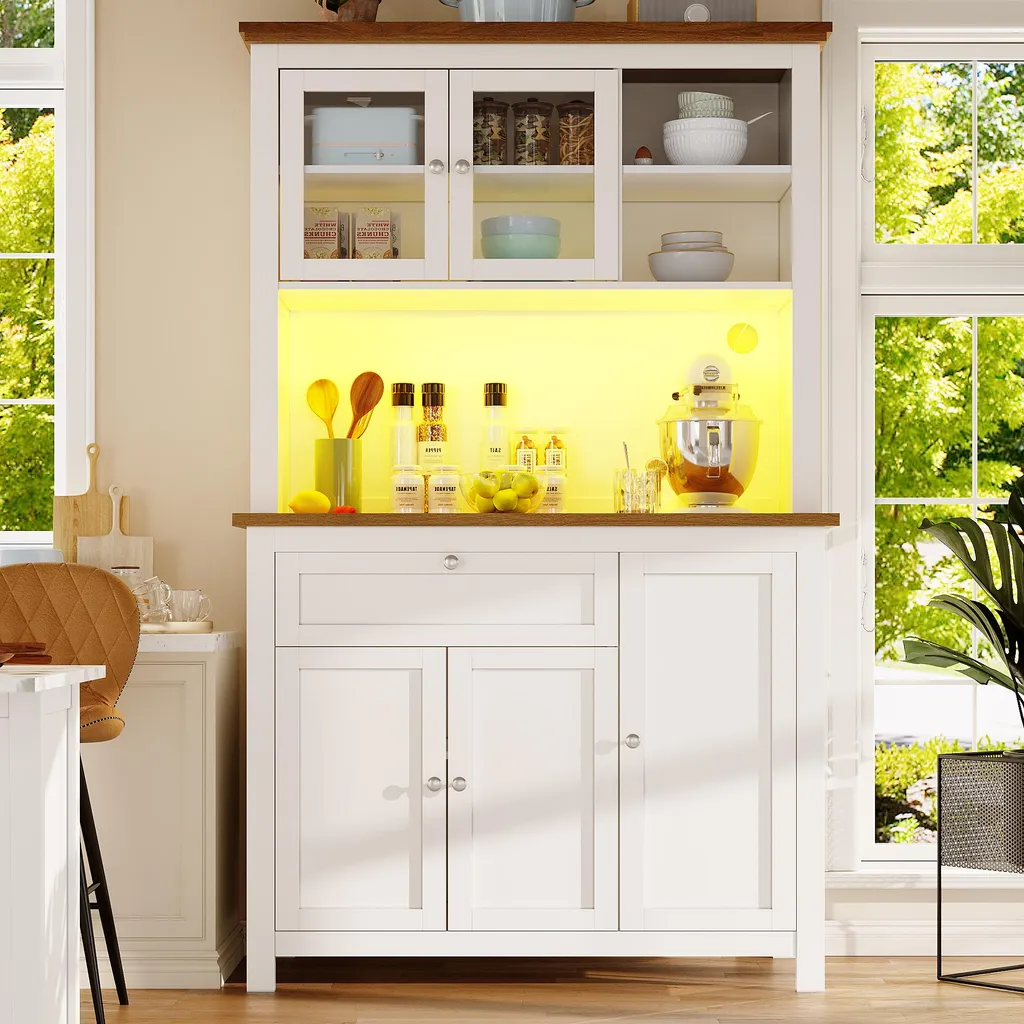 Buffet de cuisine haut blanc avec vitrine et étagères réglables Sweiko