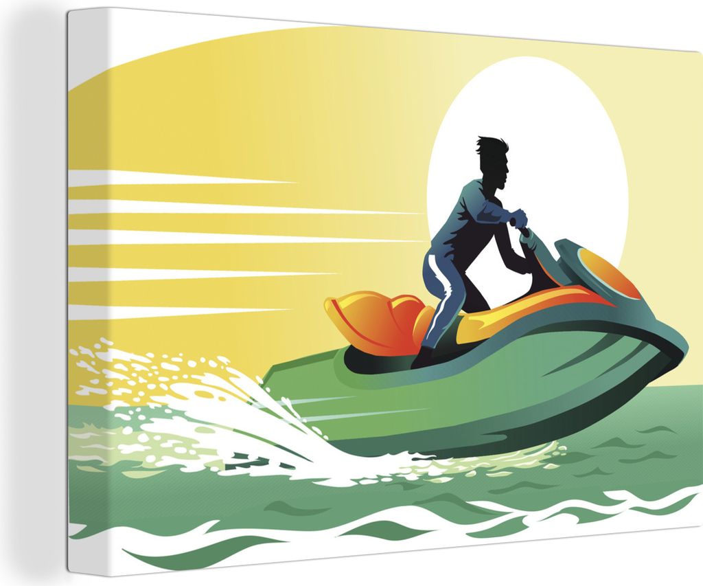 OneMillionCanvasses - Leinwandbilder - 140x90 cm, Illustration einer Person auf einem Jetski vor der Sonne, Wandbilder Kunstdruck Wanddekoration ...
