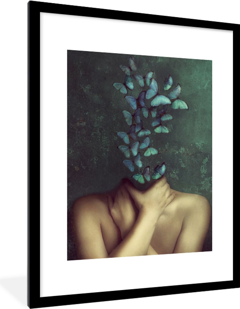 MuchoWow Gerahmtes Poster Torso - Stilleben - Schmetterlinge - Blau 60x80 cm - Poster mit Schwarzem Bilderrahmen Wandposter Rahmen Foto Bilder - ...
