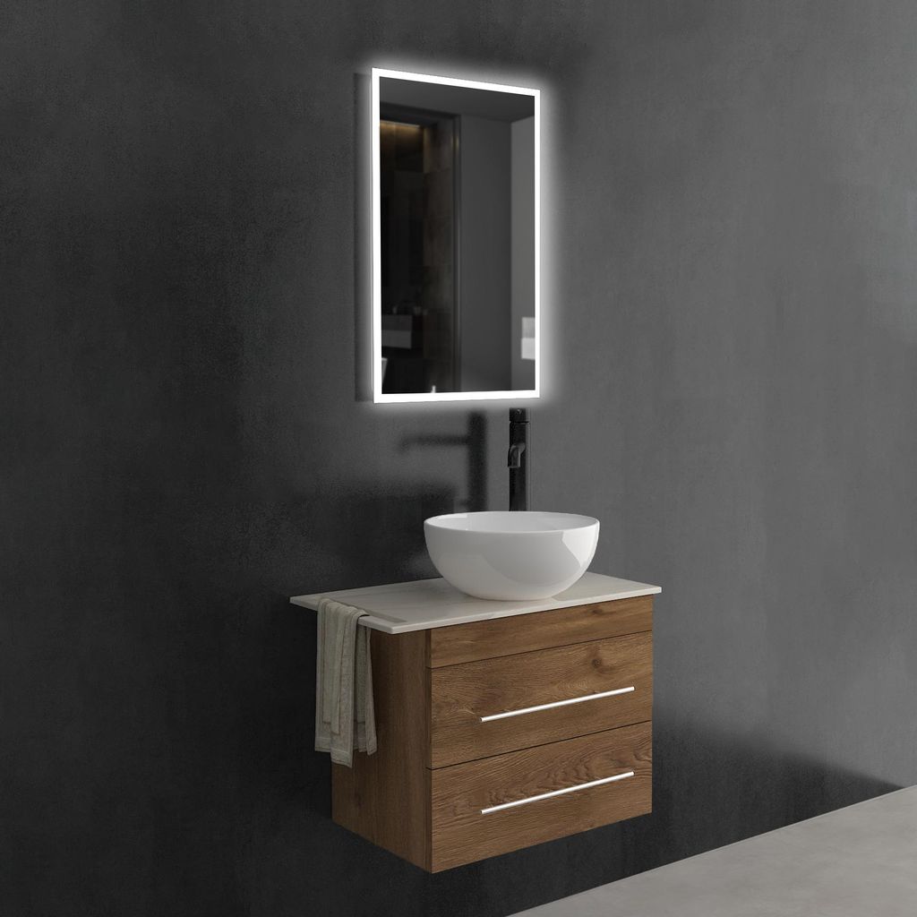 Alpenberger Badmöbel Set mit Spiegel 60 cm | Gäste WC Waschbecken mit Unterschrank und Keramik Aufsatzwaschbecken | Keramikplatte