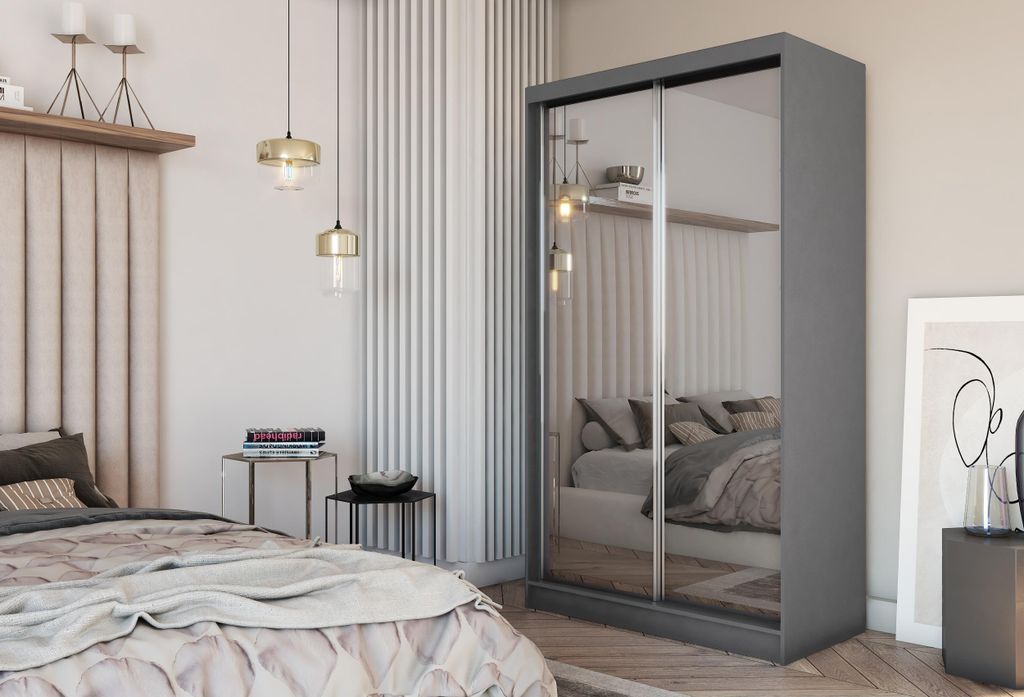 Schiebetürenschrank 120 cm Mirage zweitürig graphitfarbener Kleiderschrank mit Spiegeln Garderobe mit Spiegel und Regalen Spiegelschiebetürensch...