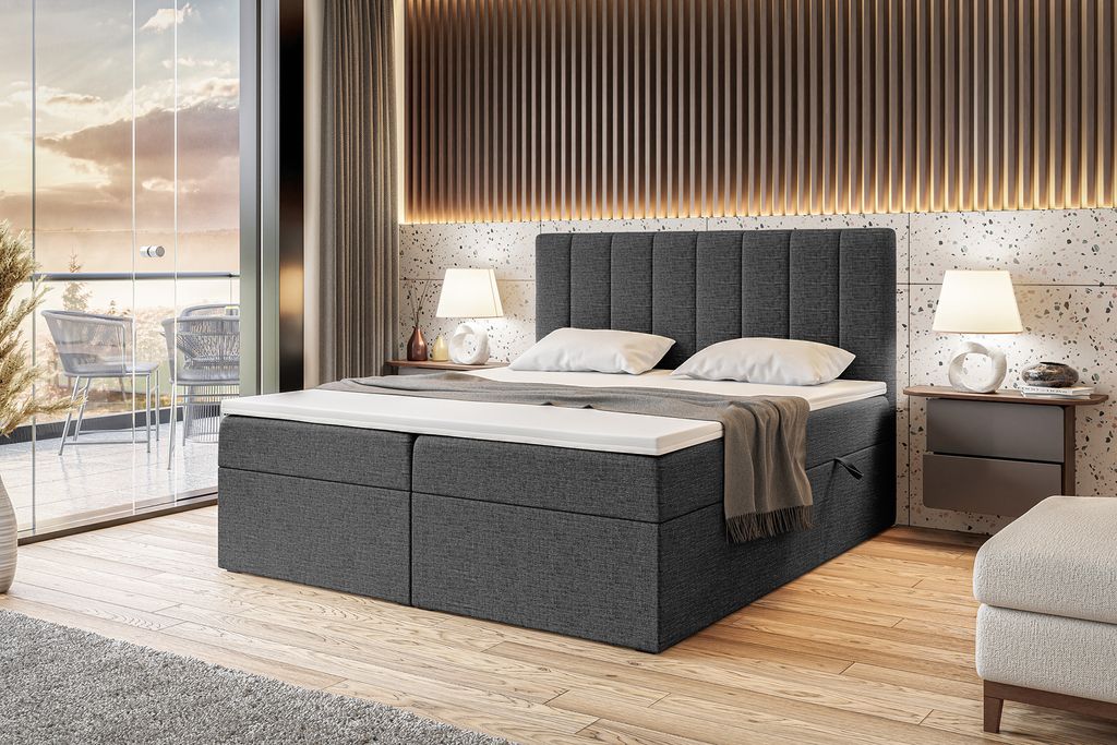 MEBLINI Boxspringbett mit Bettkasten - Gepolstert Doppelbett mit Matratze und Topper - Polsterbett mit Stauraum - Bett mit Kopfteil - Stauraumbett ...