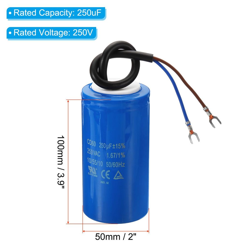 2 Stš¹ck CD60 Betrieb Kondensator, 250ŠÌF 250V AC 50/60Hz Start Motorkondensator mit U-f?rmiges Kabel fš¹r Wechselstrom-Einphasenmotor, Blau