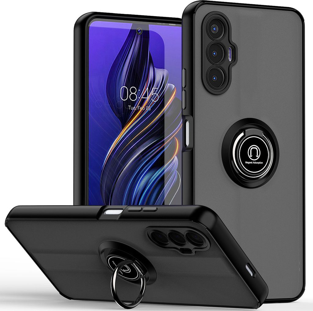 Tecno Pova 3 Hülle, Ring Halter Ständer Matte TPU Rahmen Stoßfest Schutzhülle für Tecno Pova 3 Schwarz