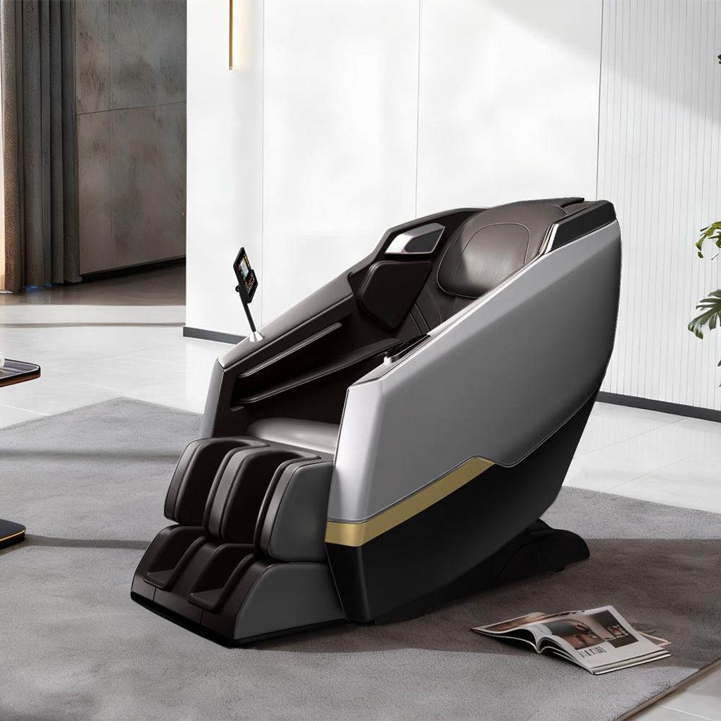 A modern massage chair is placed on a gray carpet in a well-lit room.