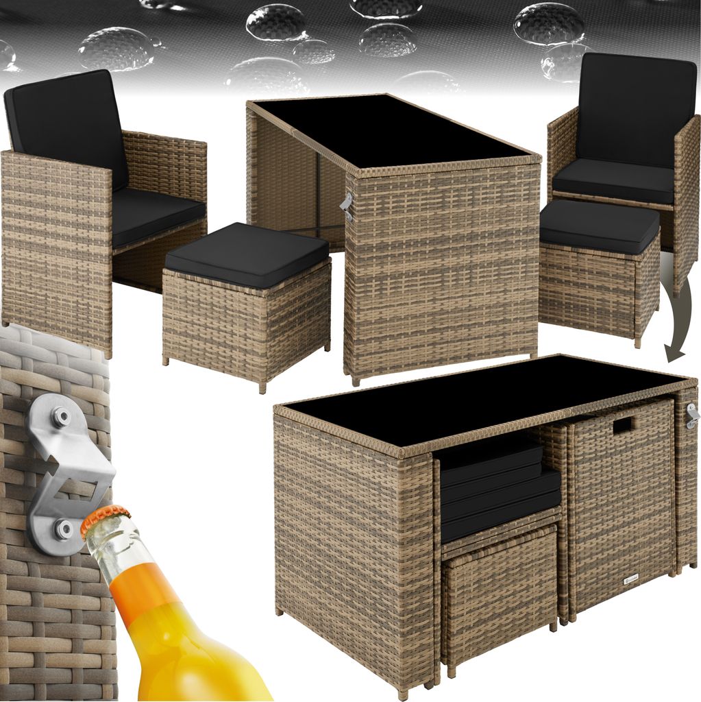 A collage of images showing a rattan furniture set, including chairs, ottomans, and a table, along with a bottle opener and a bottle of beer.