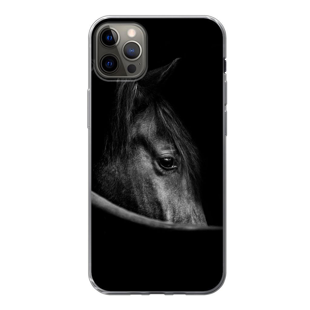 MuchoWow Handyhülle Schutzhülle Hülle für iPhone 13 Pro Max Pferde - Porträt - Schwarz - Tiere Silikon Softcase Handy Hülle - Mobiltelefon