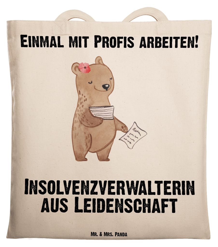 Mr. & Mrs. Panda Jutebeutel Insolvenzverwalterin Leidenschaft - Transparent - Geschenk, Beutel, Einkaufstasche, Tote Bag, Tasche, Büchertasche