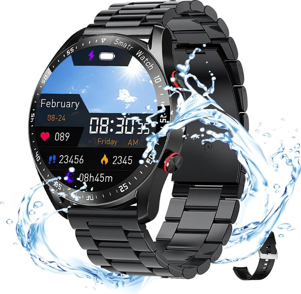 Smartwatch Herren, 1,28" Touchscreen, IP67 wasserdicht, Bluetooth Anrufe, Fitness-Tracker, Edelstahl- & Silikonarmband, 200mAh Akku, Schwarz