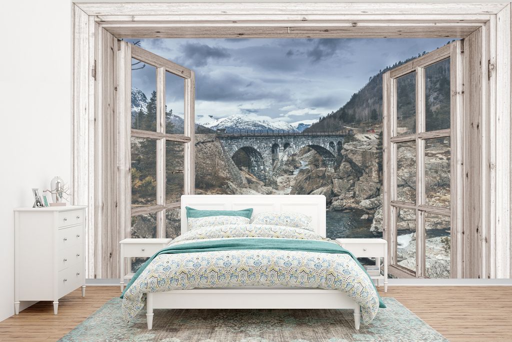 MuchoWow Fototapete für Wohnzimmer oder Schlafzimmer Wandtapete Vinyl Motivtapete Aussicht - Brücke - Wasser - 320x240 cm - Tapeten