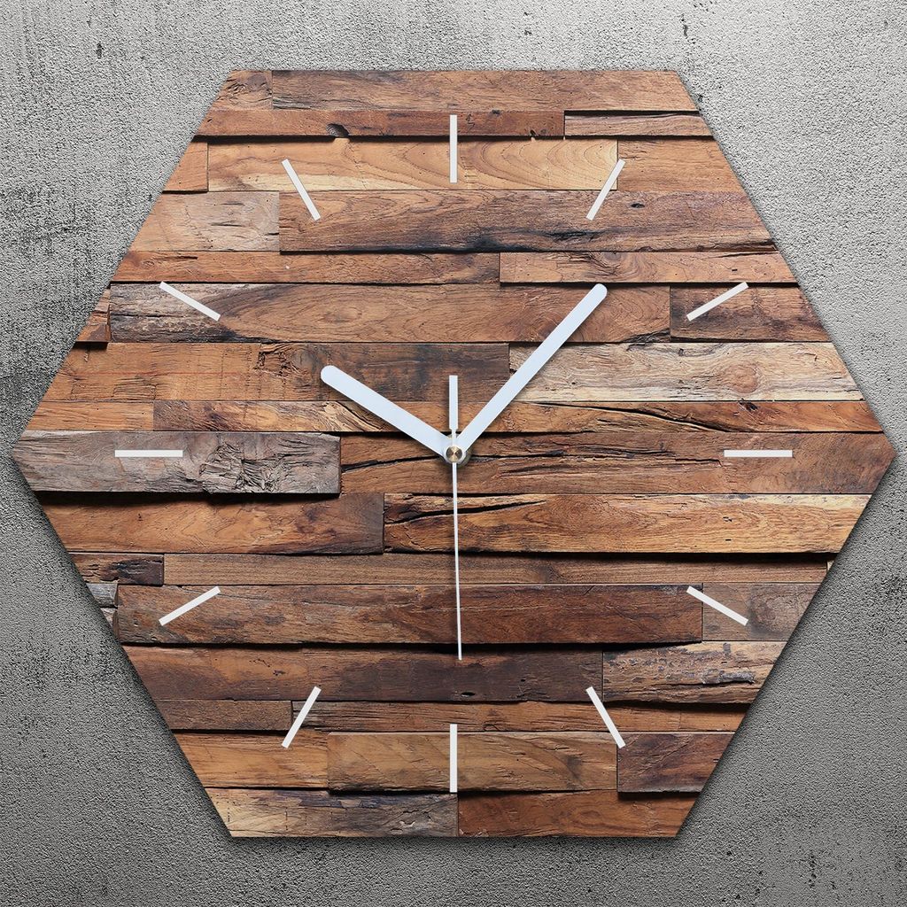 Uhr hexagonal 40 cm Glas Geräuschlos weiße Zeiger - Dunkle Holz