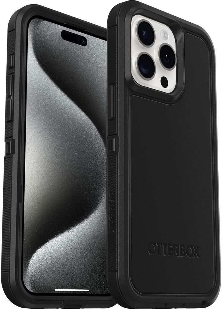 A black OtterBox Defender XT iPhone 15 Pro Max case is shown from a diagonal angle, with the phone partially visible inside.