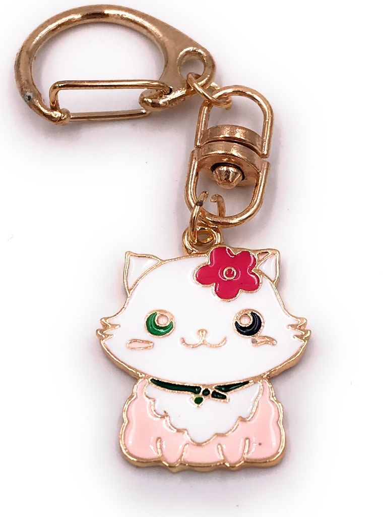 Onwomania Schlüsselanhänger Katze rosa weiß süss Blume Haustier gold Anhänger Keychain
