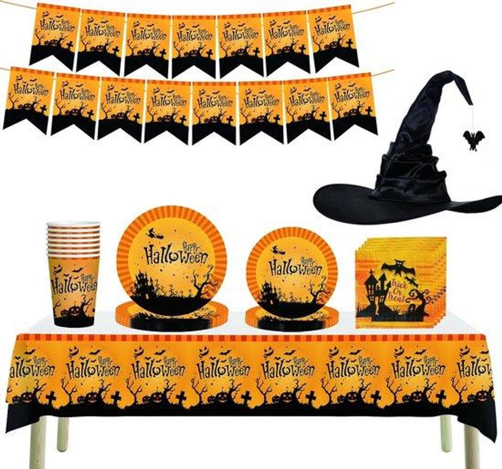 Halloween-Party-Set, Tafelkleed, Vleermuis-Hoed, Tovenaar-Hut, Halloween-Dinner-Party für 16 Personen