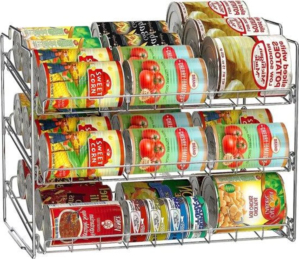 Étagère boîtes de conserve 3 niveaux empilable en métal chromé argenté