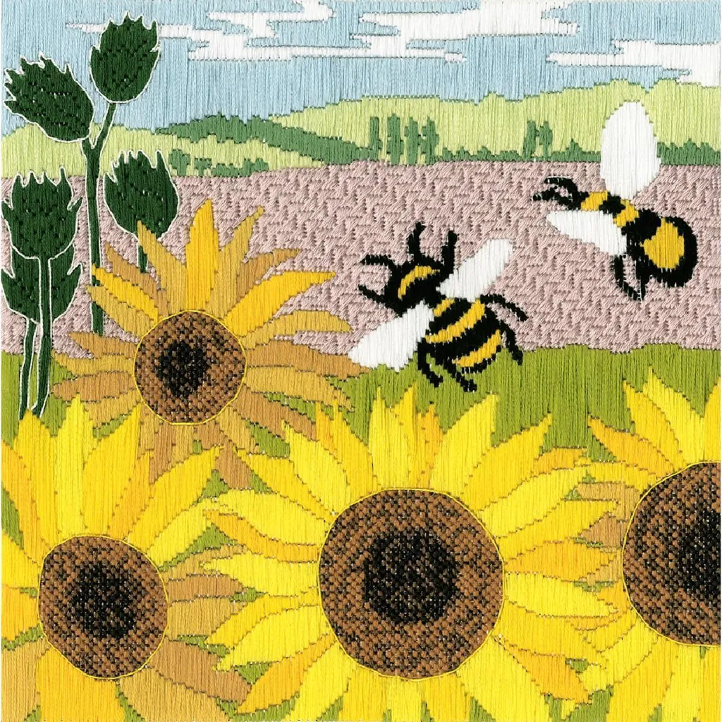 Kit Broderie Point Long Tournesols : Fils Soyeux et Canevas Imprimé