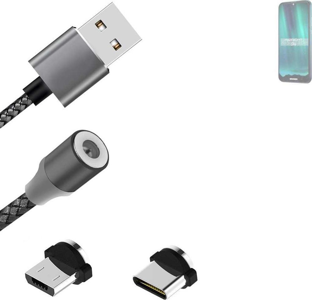 K-S-Trade Hochwertiges Magnet-Lade-kabel Sync-Kabel Daten-Kabel kompatibel mit Brondi Midnight Sky mit USB-Typ-C-Anschluss und Micro-USB-Anschluss 2A