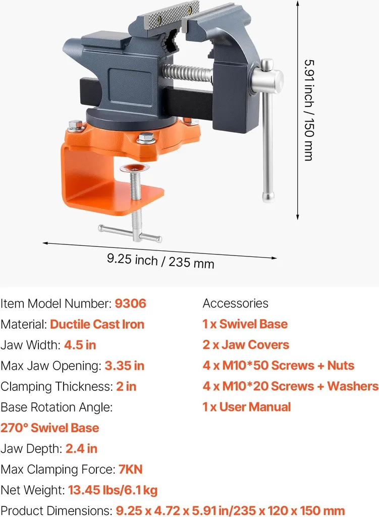 Étau de serrage orientable en fonte 11,43 cm pour établi de garage
