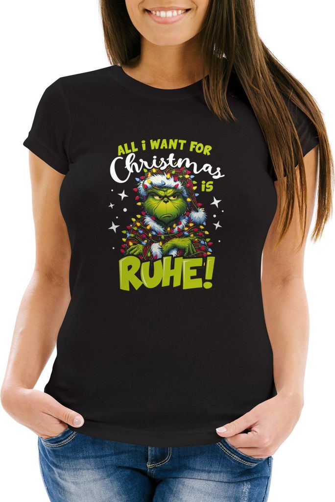Weihnachtsshirt Damen Spruch Grinch Ruhe T-Shirt Weihnachten Lustig Weihnachtsoutfit Frauen Moonworks