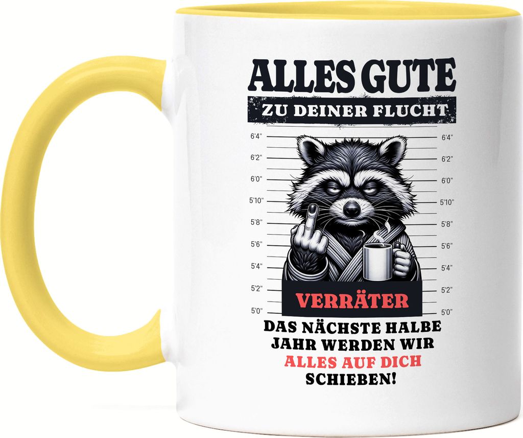 Alles Gute zu deiner Flucht Tasse gelb Verräter Abschied Geschenkidee Humor Kollegen Büro