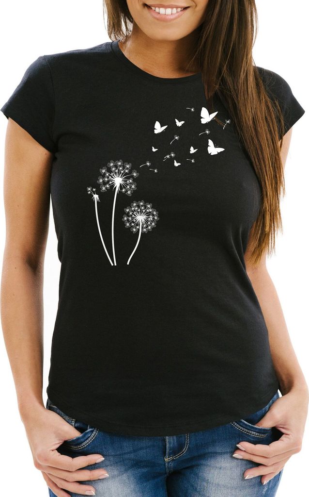 Damen T-Shirt Pusteblume Schmetterlinge Dandelion Butterflys Slim Fit Neverless schwarz S