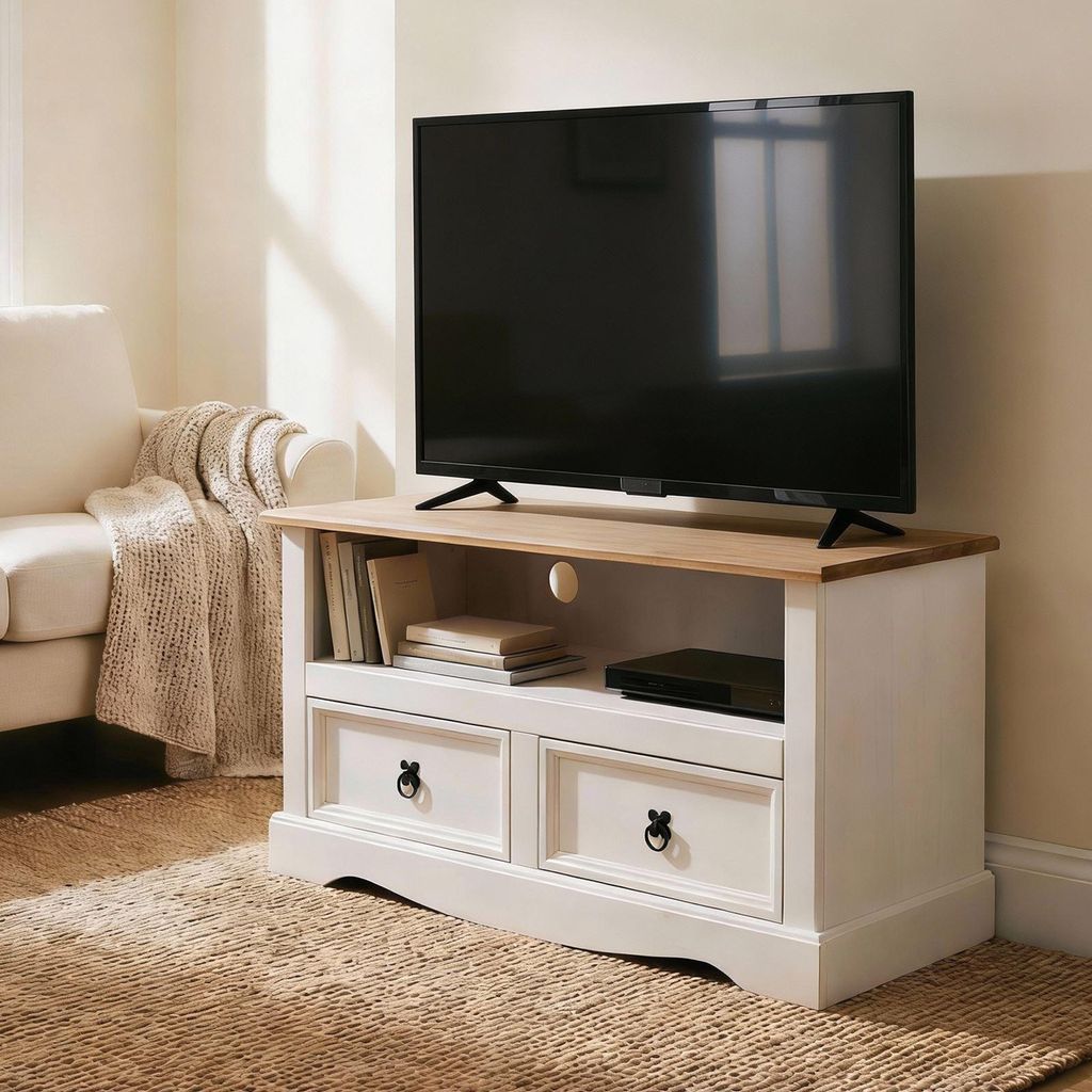 TV Lowboard CAMPO 100cm Fernsehtisch Mexiko Stil Kiefer massiv, 2 Schubladen, 1 offenes Fach braun/weiß