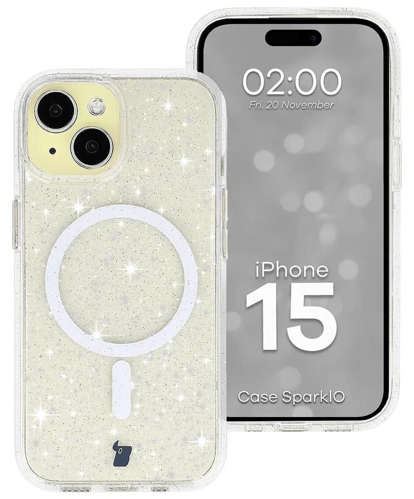Glitzer Hülle mit Magnetring für iPhone 15, Bizon Case SparklO, Transparent mit Glitzer