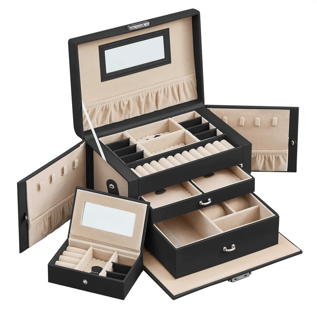 Boîte à bijoux en bois et cuir Valora JBC121B - Finition haut de gamme