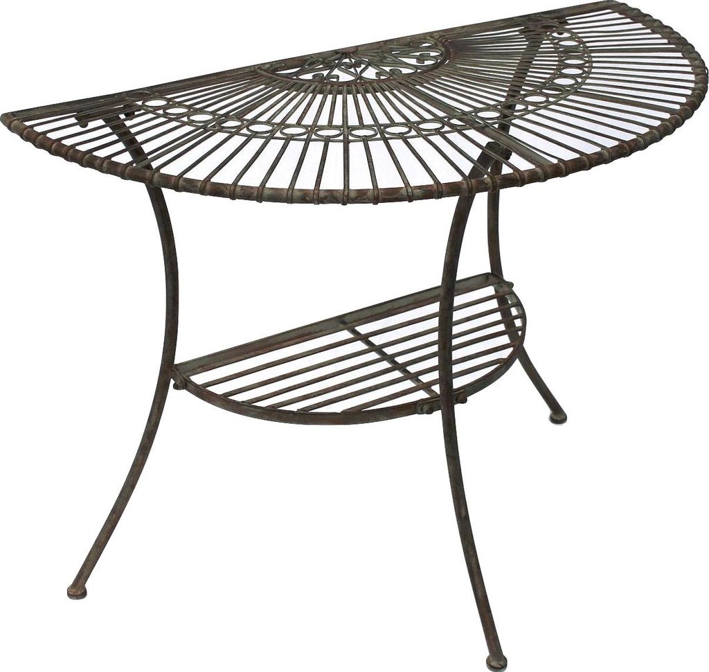 A half-round metal table with a shelf underneath, shown against a white background.