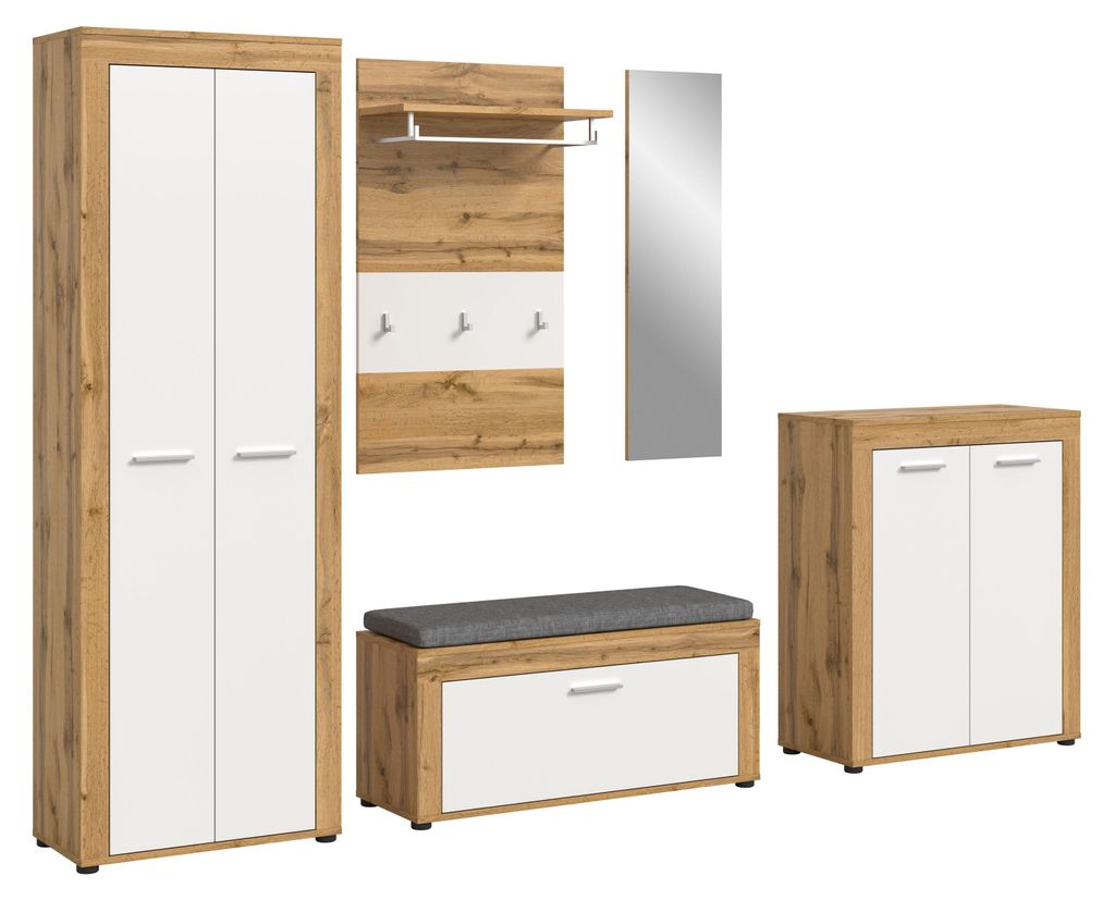 Jam Garderobenmöbel Set 6 Teile inkl. Kissen weiß, Eiche Nachbildung.