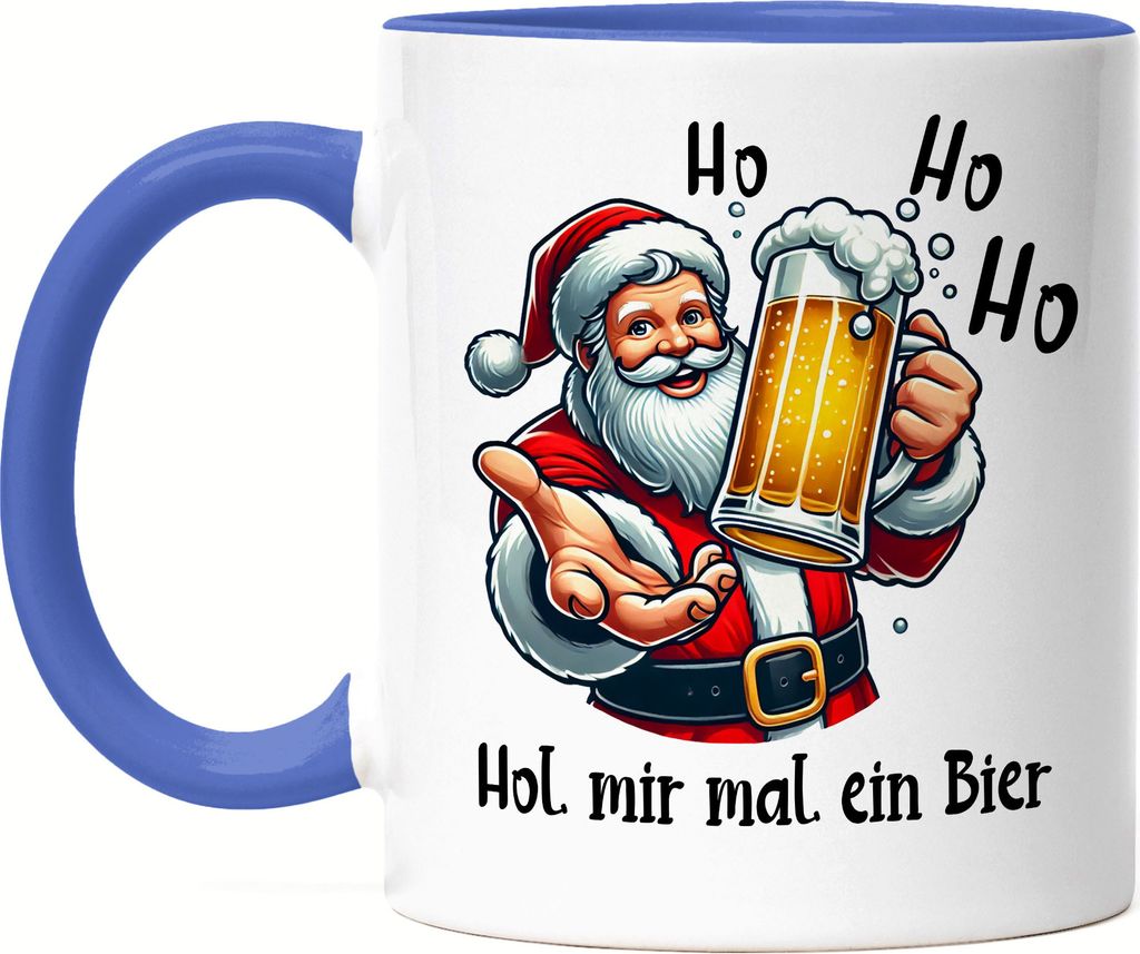 Ho Ho Hol mir mal ein Bier Tasse Blau Ugly Christmas Spruch Weihnachten